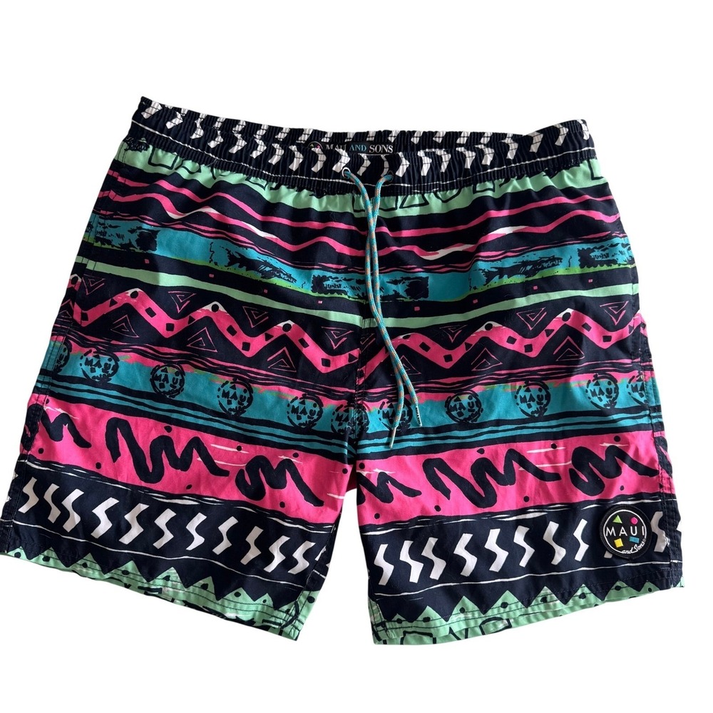 Maui and Sons Board Shorts Mens L Neon Geometric Y2K Surfcore Trunks Retro Surf